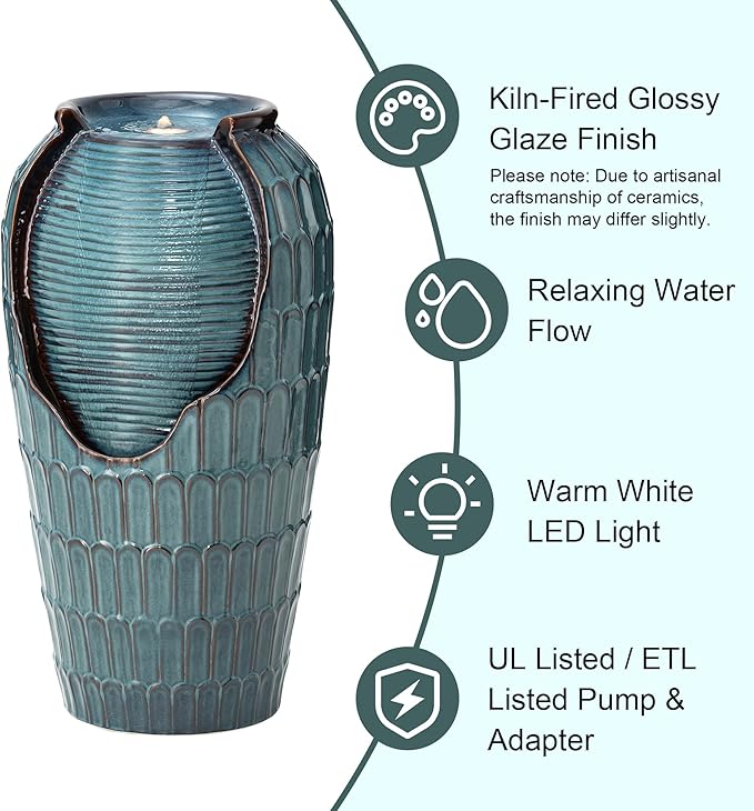 Glitzhome 28.25" H Oversized Ceramic Petals Textured Jar Outdoor Water Fountain, Vintage Turquoise Glaze Vase Patio Garden Waterfall Fountain with LED Light and Submersible Pump
