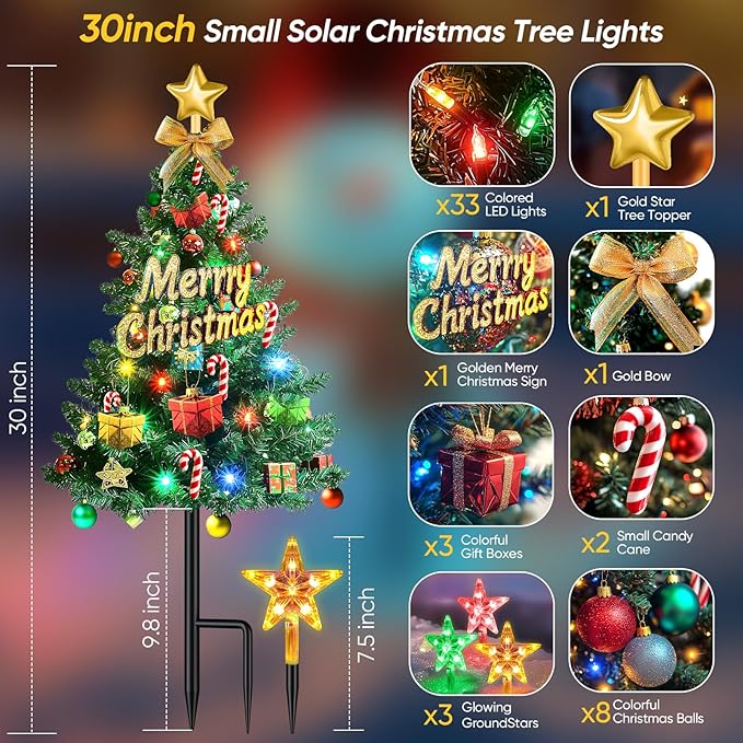 Christmas Tree Lights Outdoor Decorations: 2 Pack 72LED Artificial Small Christmas Tree, 8 Colorful Modes Solar Christmas Lights, Prelit Christmas Tree Lights with 34PCS Xmas Ornaments 6 Lighted Star