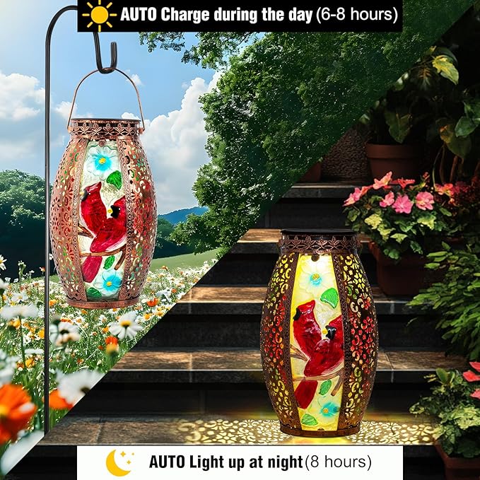 Outdoor Solar Lantern-Waterproof Two Cardinal Hanging Metal Decorative Lights for Patio Table Garden Pathway Yard with Super Bright Warm White LED, Large Solar Panels, Auto On/Off Sensor