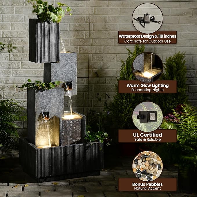 42" H Outdoor Water Fountain Garden Waterfalls - Large Water Feature Geometric Stacking Waterfall Fountains Planter with Lights for Patio Backyard Deck Porch Deck and Home Decor, Gray