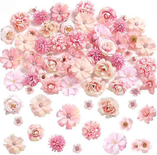 Faux Flower Heads Small Silk Artificial Flower DIY Fake Mini Flowers Rose Daisy Multicolor Flowers Craft Supplies for Wedding Party Wreath Graduation Season Party Home Decor (45, Pink)