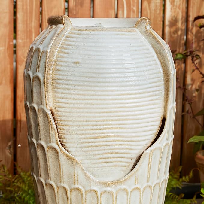 Glitzhome 28.25" H Oversized Ceramic Petals Textured Jar Outdoor Water Fountain, Vintage Sand Beige Glaze Vase Patio Garden Waterfall Fountain with LED Light and Submersible Pump