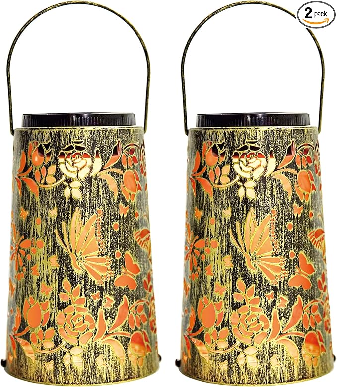 Waterproof Metal Hanging Solar Lantern, Decorative Outdoor Butterfly Light for Garden or Yard Use, Cool/Warm Lighting, 2 Pack