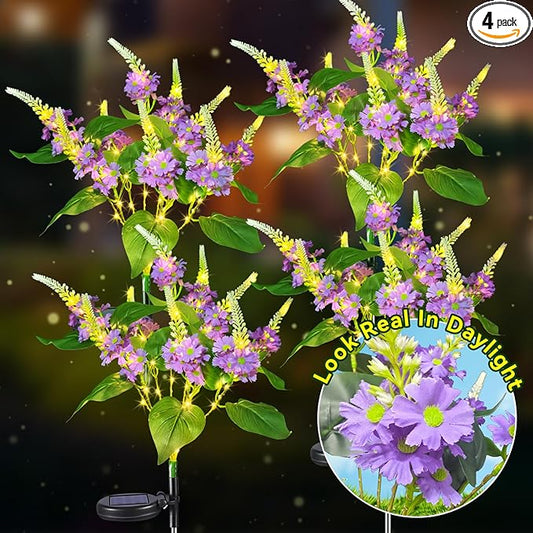 Neporal Solar Flowers Outdoor Waterproof Purple, Lilac Garden Solar Lights Decorative 4PK 8-Stem, 2 Lighting Modes, Solar Powered Garden Decor, Solar Yard Decor