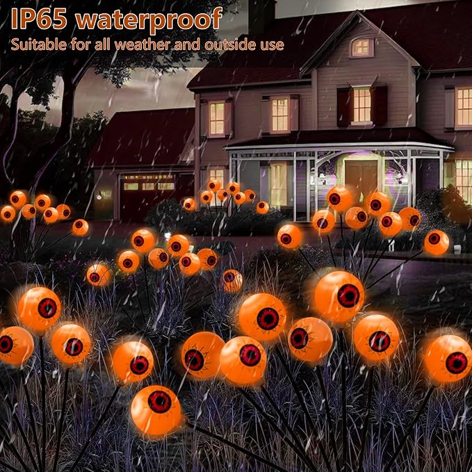 Halloween Decorations Outdoor Path Lights - 4 Packs 32LEDs Solar Halloween Eyebal Pathway Lights Swaying by Wind,Waterproof Solar Halloween Stake Lights for Garden Yard Porch Patio Pathway (Orange)