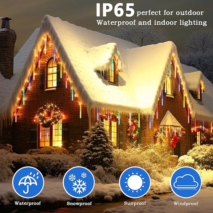 Meteor Shower Lights, 12 Inch 10 Tube 360 LED Multicolor Christmas Lights, Rain Falling Raindrop Lights for Outdoor Xmas Patio Garden Roof Eaves Decoration