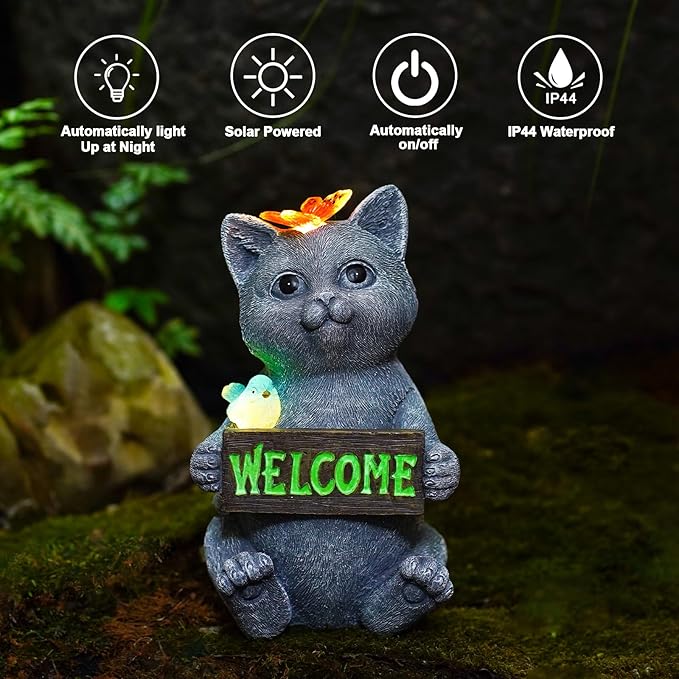 Goodeco Solar Cat with Welcome Sign - Outdoor Cat Statue with Solar Butterfly & Bird Lights - Perfect Cat Decor for Cat Lovers, Ideal Housewarming Gifts for Women & Moms (Gray)