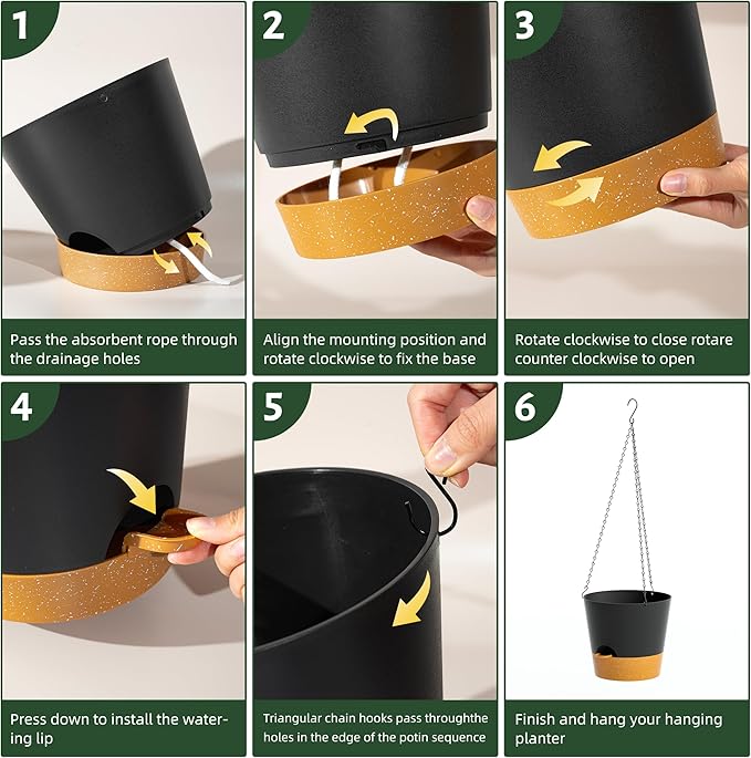 Hanging Planters for Indoor Outdoor Plants, 2 Pack Self Watering Hanging Pot with Drainage Holes and Plant Hangers, Hanging Baskets Flower Pots for Home Garden Decor (Black, 10 inch)