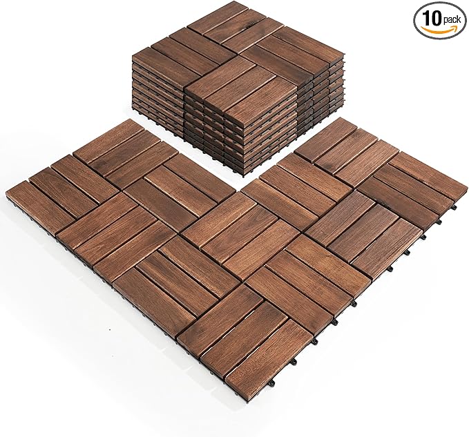 Pack of 10 Deck Tiles - 12"x12" Interlocking Natural Solid Acacia Wood for Outdoor & Indoor, Patio Garden, Balcony, Poolside - Dark Brown Color