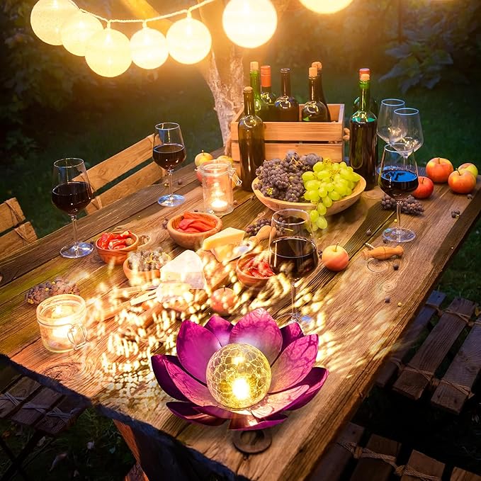 HPC Decor Solar Lights Outdoor Garden Decor - Art Crackle Globe Glass Lotus Decoration, Waterproof LED Metal Flower Lights for Outdoor Decor on Patio,Lawn,Walkway,Table,Perfect Gifts (Purple 11in)