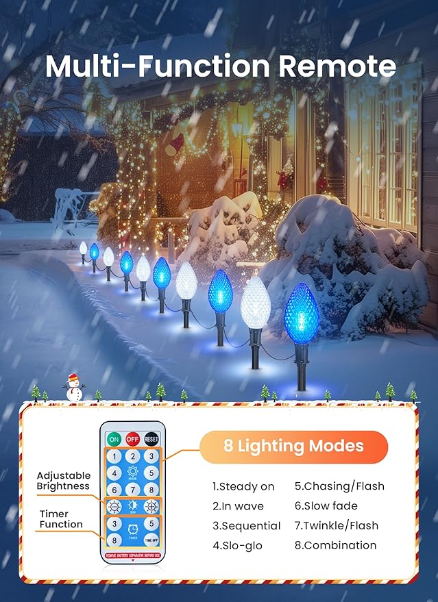 Minetom Solar Double C9 Strawberry Pathway Lights - 16FT 10 LED C9 Christmas Lights with Timer, 8 Modes, Solar Christmas Outdoor Decorations for Lawn Outside Walkway, Blue White