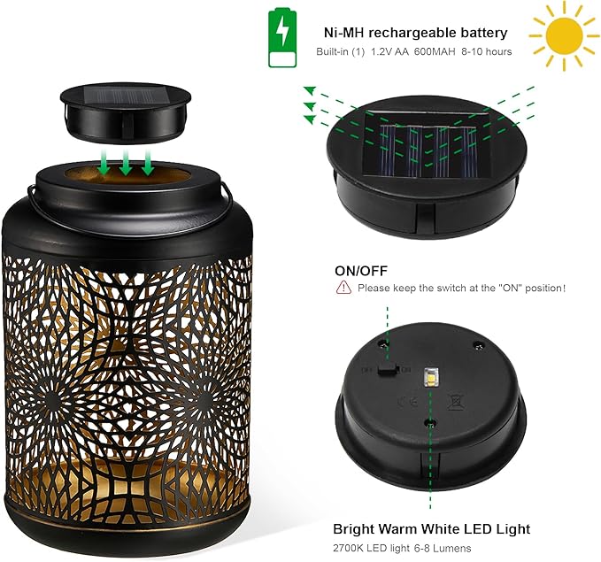 Glitzhome Solar Lantern Black Metal Cutout Scrollwork Outdoor Hanging Solar Light with Handle for Garden Patio Yard Outdoor Decor