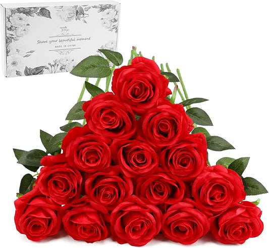 Red Fake Roses Artificial Flowers - 16 Pcs Fake Artificial Roses Silk Flowers with Stems for Home Wedding Hotel Office Centerpiece Decor