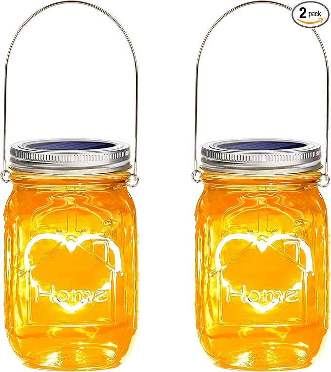 Hanging Solar Mason Jar Lights, 2 Pack Warm Heart Shape Led Lights, Solar Powered Lanterns Outdoor Waterproof, Hangers and Jars Included, Gift for Lover, Home Party Wedding Garden Patio Decor (2)