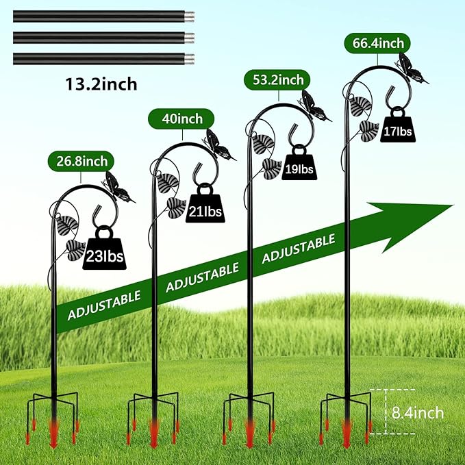 Shepherds Hooks for Outdoor Hummingbird Bird Feeder Pole Hanger 67 Inches with 5 Prongs Base Stainless Metal Adjustable Garden Hanging Holder Weddings Garden Decor Butterfly 2-Pack Black