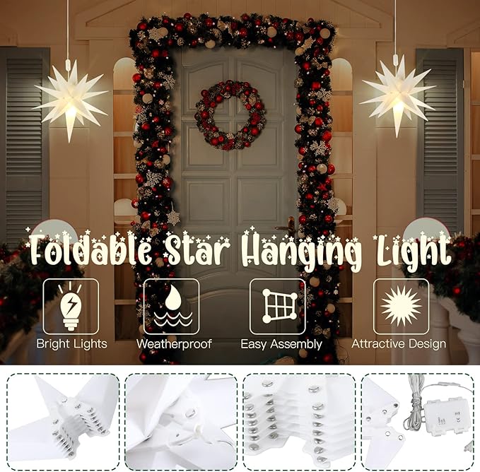 Kingdder 8 Pieces Moravian Star Light LED 3D Star Hanging Light Powered by Battery with Timer Function White Porch Lantern Holiday Decor for Indoor Outdoor Christmas Tree Balcony Courtyard (12 Inch)