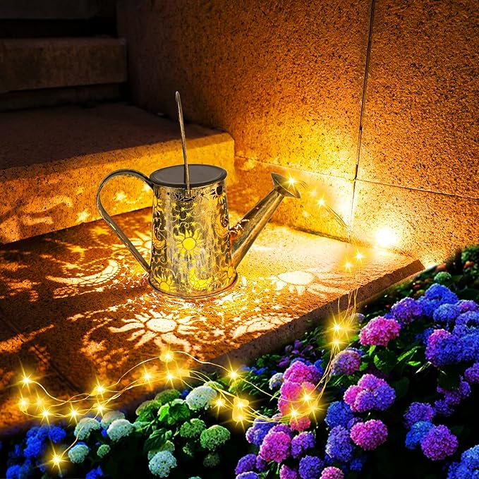 Solar Garden Lights Outdoor, Solar Watering Can Lights Garden Decor Gifts for Grandma Mom, Sun Moon Waterproof Hanging Lantern with String Lights, Yard Decoration for Patio Porch Lawn Backyard Pathway