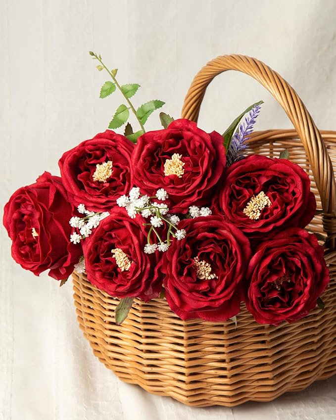 DuHouse 5Pcs Silk Roses Fake Red Roses with Stems Real Touch Rose Artificial Flowers for Arrangement Wedding Party Home Decoration