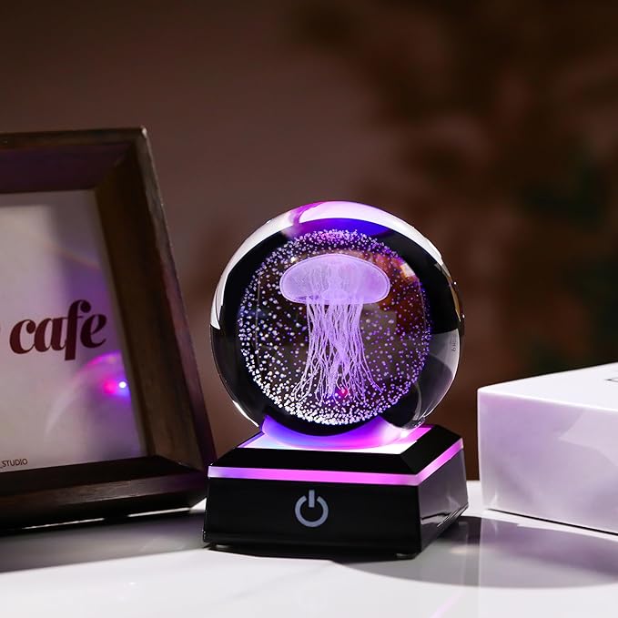 Qianwei Jellyfish Lamp for Women 3D Crystal Ball 3.14'' - 80mm Laser Jellyfish Decor Glass Animals Jellyfish Night Light Gifts Figurines Statue for Room Decorations Jellyfish Stuff