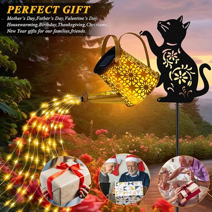Solar Lights Outdoor Decorative, Watering Can with Cascading Lights, with Cat Silhouette Garden Stakes, Waterproof Metal Garden Decor for Yard Art, Outside, Patio, Lawn Ornaments