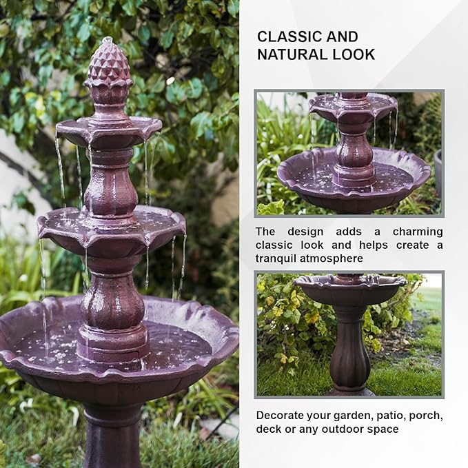 XBrand 3-Tier Freestanding Waterfall Fountain w/Pump & Pineapple Top, 51 Inch Tall, Brown, Large Outdoor Garden Fountain, Ideal for Garden, Porch, and Lawn