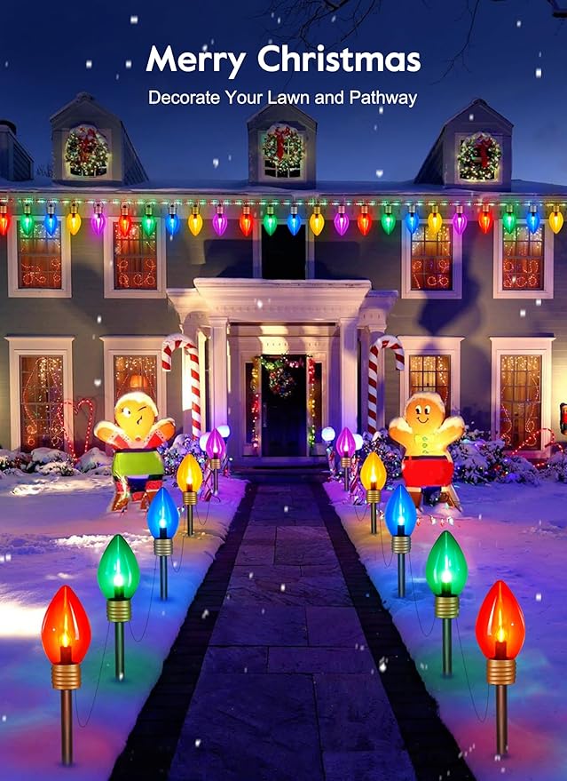 Jumbo C9 Christmas Lights Outdoor Decorations Lawn with Pathway Marker Stakes, 8.5 Feet String Lights Covered Jumbo Multicolored Light Bulb for Holiday Time Outside Yard Garden Decor, 5 Lights