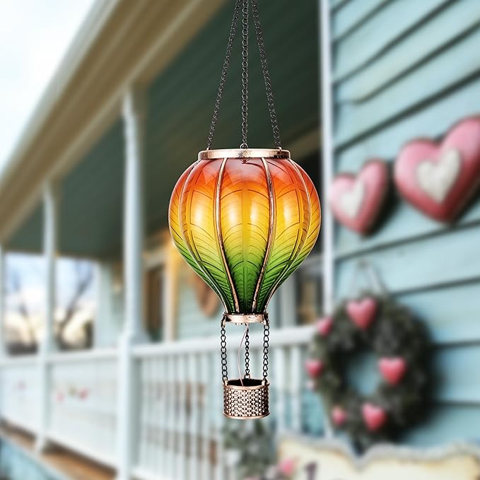 TERESA'S COLLECTIONS Hot Air Balloon Solar Lantern for Garden Decor ,Flickering Flame Hanging Solar Light for Outdoor ,Orange & Green Plastic Lamp for Yard Tree Gift for Mom