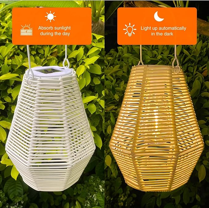 Outdoor Solar Lantern Hanging Decorative Rattan Lanterns with Handle White Large Solar Table Lamp Waterproof for Patio Garden Wedding Home Decor