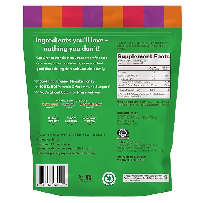 Wedderspoon Organic Manuka Honey Lollipops, Variety Pack, 70 Count (Pack of 1) Genuine Manuka Honey + Vitamin C No Artificial Flavors or Dye Feel Better Lollipop for Kids & Grown-ups