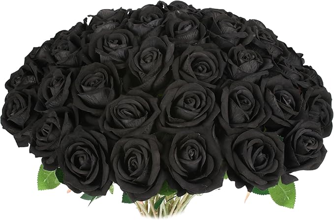 30 PCS Fake Black Roses, Artificial Flowers Bulk Halloween Decorations Realistic Silk Faux Roses with Stems for Gothic Wedding Party Decor, Bridal Bouquets DIY Floral Arrangement Home Decor