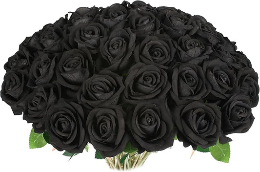 30 PCS Fake Black Roses, Artificial Flowers Bulk Halloween Decorations Realistic Silk Faux Roses with Stems for Gothic Wedding Party Decor, Bridal Bouquets DIY Floral Arrangement Home Decor