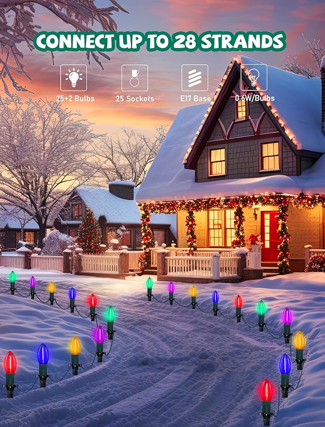 C9 LED Christmas Pathway Lights Outdoor 38Ft 25 LED C9 Multicolor Bulbs Christmas Pathway Stakes Lights, Connectable Outdoor Christmas Walkway Lights for Yard Patio Sidewalk Driveway Garden Lawn Decor