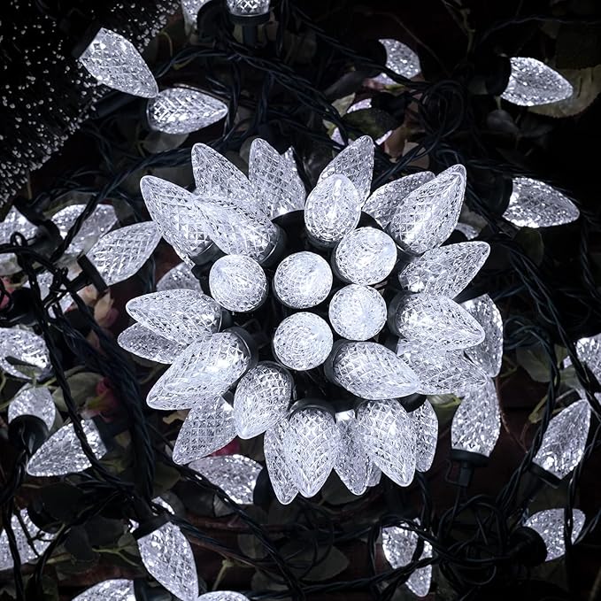 C9 Christmas String Lights White, 66ft 100 LED Faceted Christmas Lights on Green Wire, Large Bulb Strawberry String Lights for House Roof Roofline Christmas Tree Party Outdoor