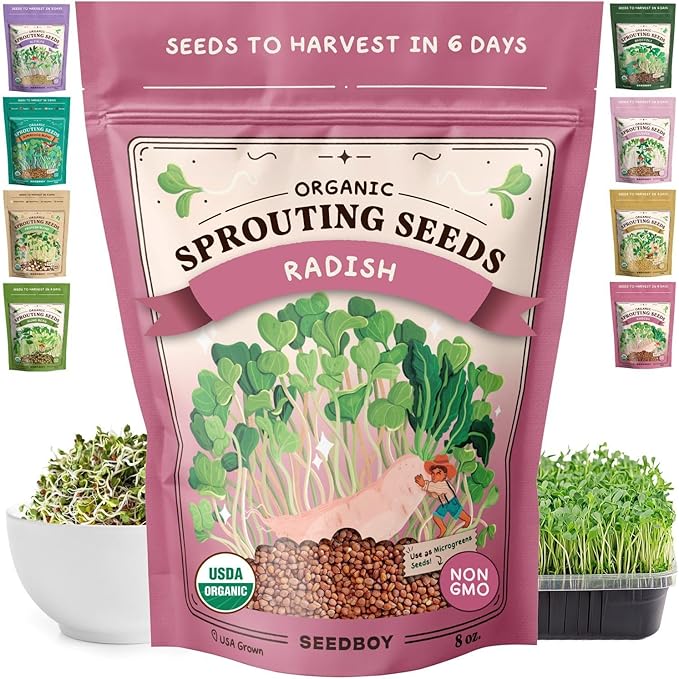 Seedboy Organic Radish Seeds for Sprouting - Non-GMO, USA Grown Microgreens Sprouting Seeds Mix - Makes 8 Quarts of Sprouts, 24 Servings (8 oz) (Daikon Radish)