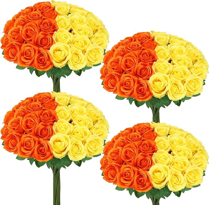 36 Pcs Yellow, Orange Artificial Roses with Long Stems, Purple Fake Silk Rose Artificial Flowers Bulk for Bridal Wedding Bouquet Centerpiece Ball Arrangement Party Decor