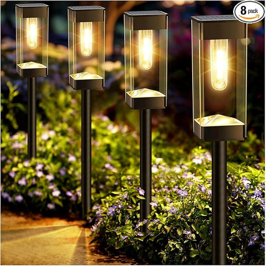 Solar Pathway Lights 8 Pack LED Waterproof Solar Outdoor Lights, Upgraded Stainless Steel Driveway Lighting with Tungsten Filament Bulb for Yard, Landscape, Garden, Walkway, Lawn, Path