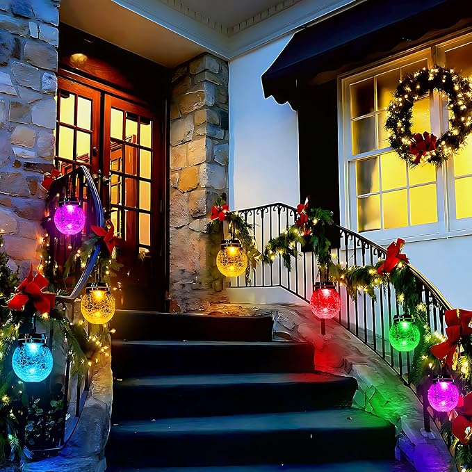 DBF Solar Lanterns Outdoor Waterproof, 4 Pack Hanging Solar Lights Outdoor, LED Cracked Glass Ball Globe Lantern Garden Decor for Patio Backyard Pathway Tree Porch Fence Events (Amber Warm & RGB)