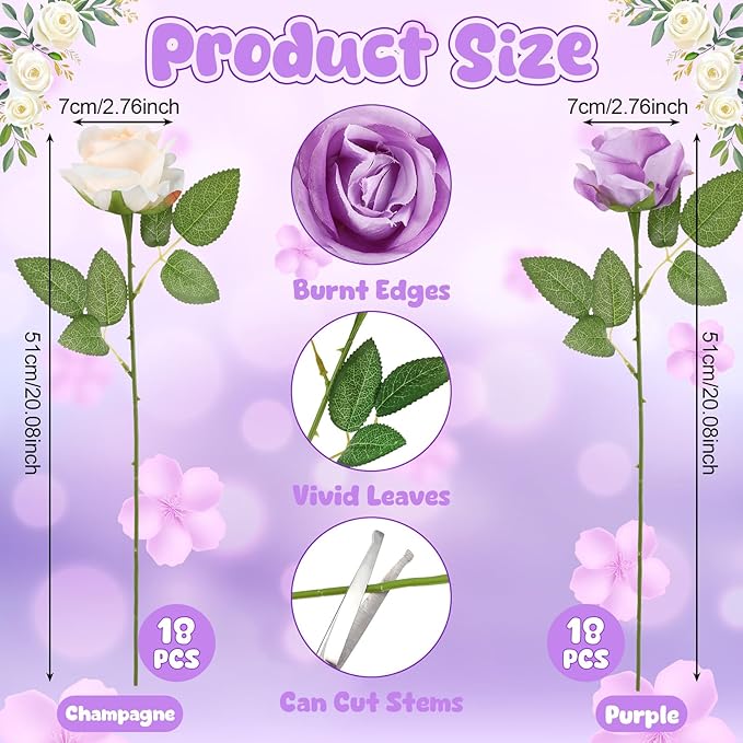 36 Pcs Purple, Champagne Artificial Roses with Long Stems, Purple Fake Silk Rose Artificial Flowers Bulk for Bridal Wedding Bouquet Centerpiece Ball Arrangement Party Decor