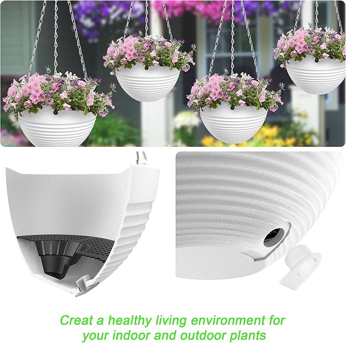 Hanging Planters, Set of 9 White Hanging Pots, 8" Hanging Flower Pots, Plant Pots with Drainage Plugs, Water Barrier and Chains, Come with Free Mini Garden Tools Set