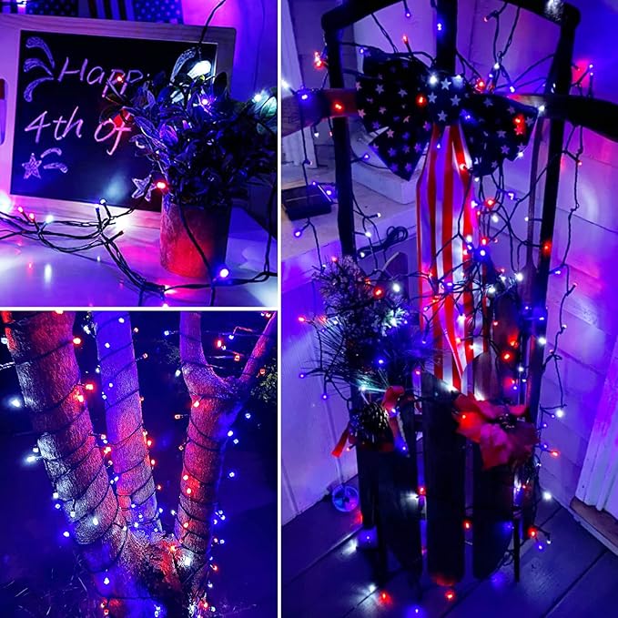 JMEXSUSS 4th of July Decorations 250 LED Red White and Blue Fairy String Lights, 4th of July Lights Outdoor with 8 Modes, 91.5ft Connectable Patriotic Lights Waterproof for Home Yard Patio Party Decor
