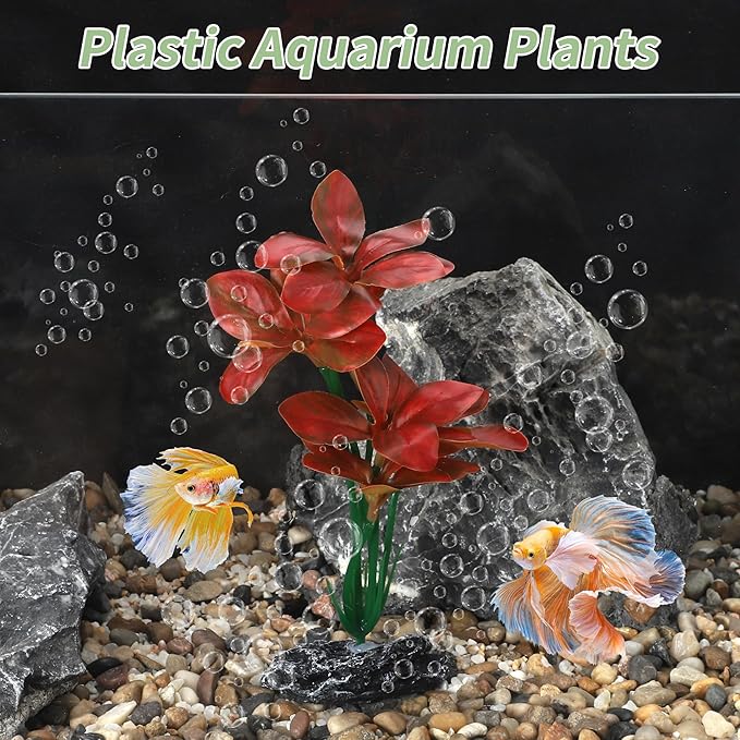 Aquarium Plastic Plants, Reptile Plant Decoration, Aquatic Plant Resin Decor, Betta Fish Tank Realistic Plants for Aquarium, 7.28" Height, Red