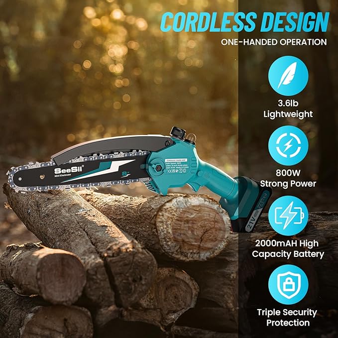 SEESII Mini Chainsaw 8 inch,Cordless Chainsaw w/ 2pcs 2000mAh Batteries,Oiler System & Replacement Chain,Handheld Chain Saw w/Safety Lock,Battery Powered Chain saw for Wood Tree Cutting,CH820+