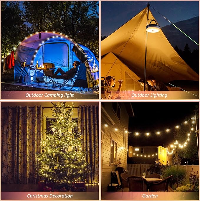 Solar Camping String Lights, 39.4FT Waterproof Camping Lights with 8 Lighting Modes, Rechargeable Outdoor Camp lamp 2 in 1with Remote Control, Portable Tent Lantern for Hiking, Yard, Party Decor
