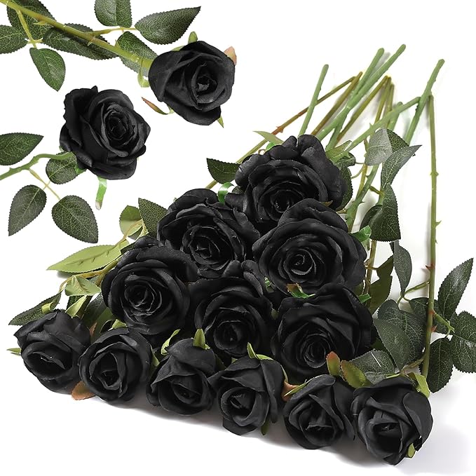 Hawesome 12PCS Artificial Silk Flowers Realistic Roses Bouquet Long Stem for Home Wedding Decoration Party (Black-1)