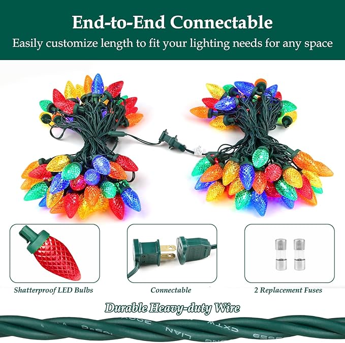 C9 LED Christmas Lights, 34FT 50 Bulbs Outdoor Christmas Decorations for House Waterproof String Lights Extendable Green Wire Fairy Lights for Patio Xmas Garden Party Wedding Holiday Indoor Multicolor