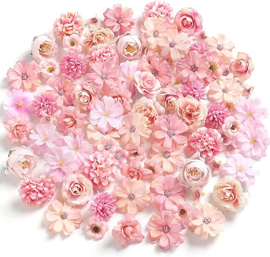 Faux Flower Heads Small Silk Artificial Flower DIY Fake Mini Flowers Rose Daisy Multicolor Flowers Craft Supplies for Wedding Party Wreath Graduation Season Party Home Decor (125, Pink)