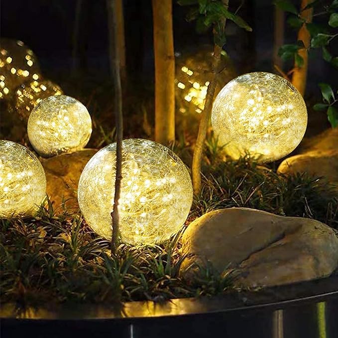 Solar Garden Lights Outdoor Waterproof, 4 Pack Cracked Glass Ball Light, Ground Landscape Garden Decor, Solar Globe Decorative for Pathway/Patio/Lawn/Yard (Warm White, 4.7")
