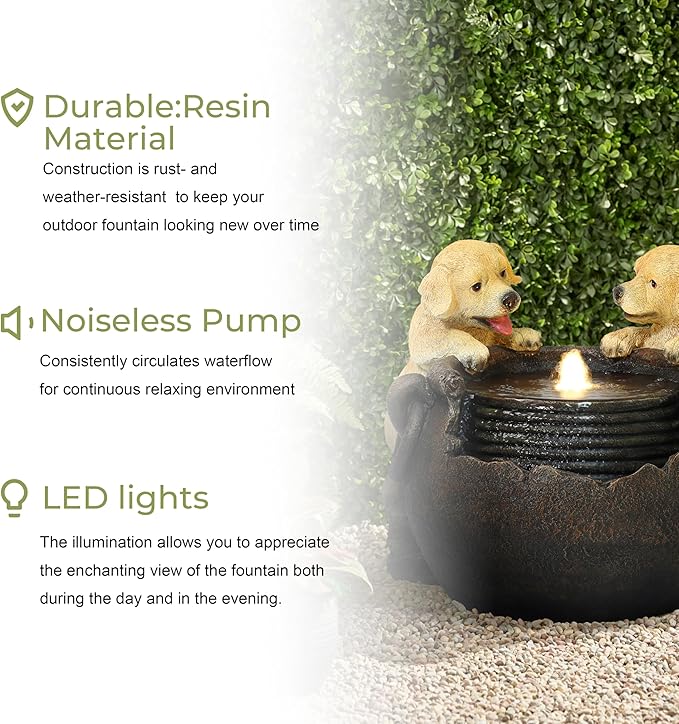 LuxenHome Outdoor Water Fountain, 16 Inch Adorable Puppies Resin Water Fountains Indoor with LED Lights, Farmhouse Waterfall Outdoor, Indoor Fountains and Waterfalls for Patio, Garden Decor