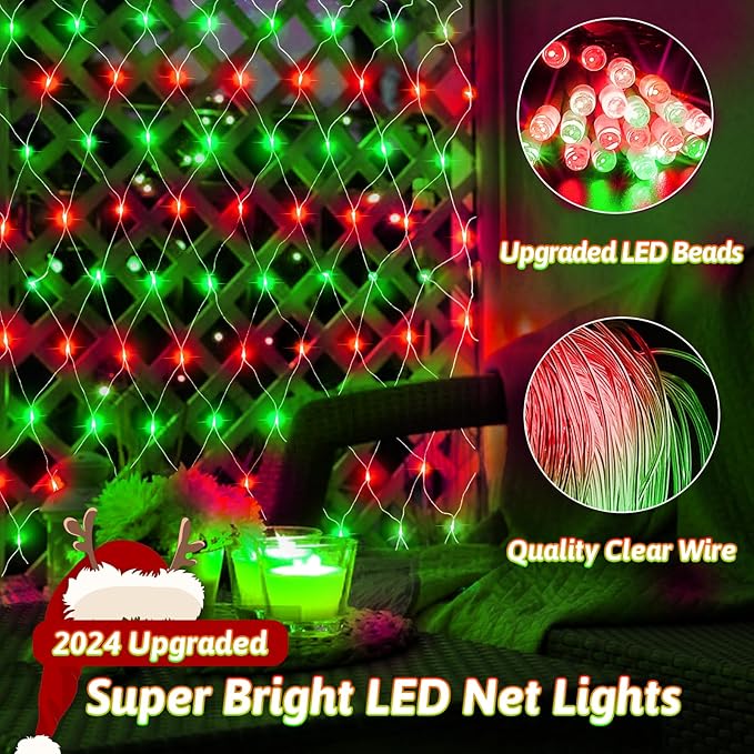 JXLEDAYY Christmas Net Lights Outdoor Decorations 3M*2M Mesh Lights Fairy String Lights Plug in with Timer Waterproof for Outside Bush Window Wall Patio Party Decor (Red ＆ Green, 200 LED 3M*2M)