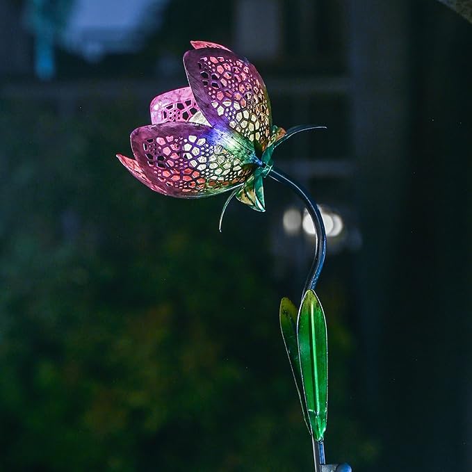 TERESA'S COLLECTIONS Flower Solar Outdoor Lights Garden Decor for Outside, 27-29.5'' Metal Tulip Yard Decorations Outdoor, Garden Stake Decorative for Porch Patio Decor, Set of 2, Gift for Christmas